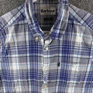 Barbour Flannel Cotton Plaid Blue Button-Down Small Tailored Pocket Long Sleeve